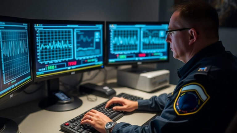 An image of a member of the law enforcement who is using a Computer Voice Stress Analysis device in Chico, California